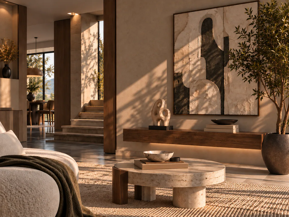 Warm, sunlit living room interior with a wooden staircase, sculptural coffee table, and potted olive tree